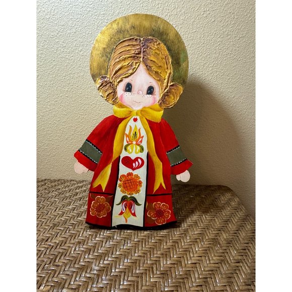 Christmas Handmade Folk Art Vintage Wooden Caroler Figurine Hand Painted Angel - Picture 5 of 9
